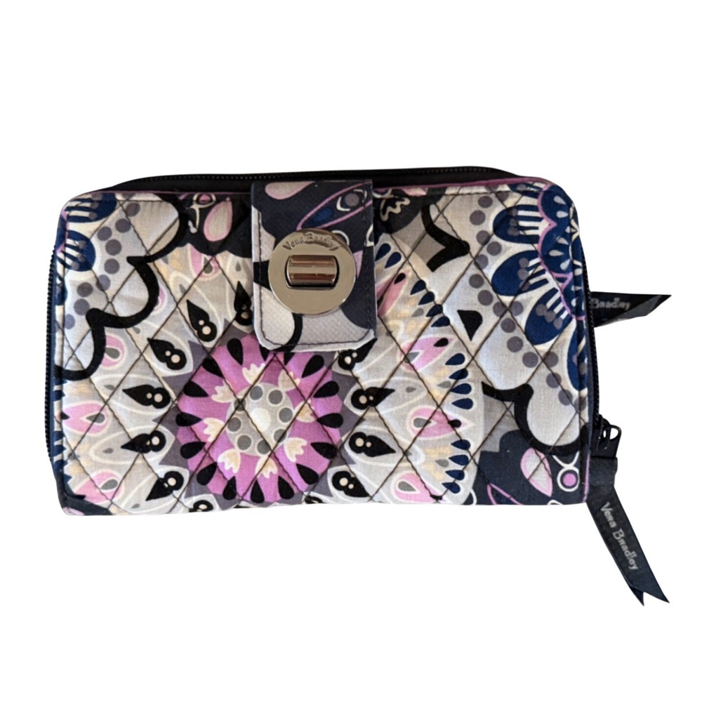 Vera Bradley Turnlock Wallet Quilted Cotton Floral Pink Purple Grey Black‎ - Picture 1 of 6